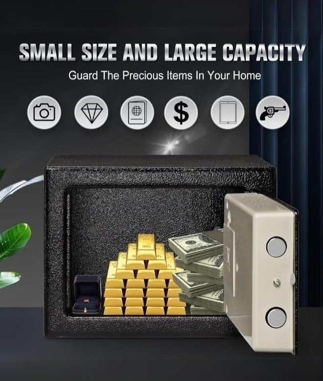 خزنة رقمية إلكترنية, خزنة إلكترونية مدمجة مع نظام قفل مزدوج - تخزين آمن للأموال والمجوهرات والمستندات والاشياء الثمينة - صندوق أمان مقاوم للحريق ـ للمنزل أو المكتب أو الفندق 27X22x23  سم, أسود/فضي - Image 4